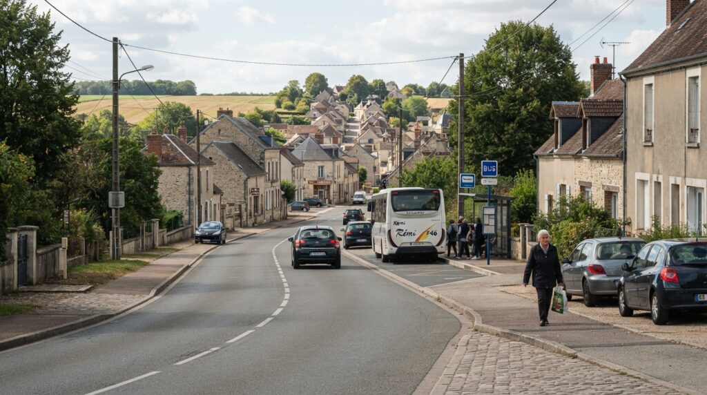 Scène de village avec route, arrêt de car régional, voitures et piéton