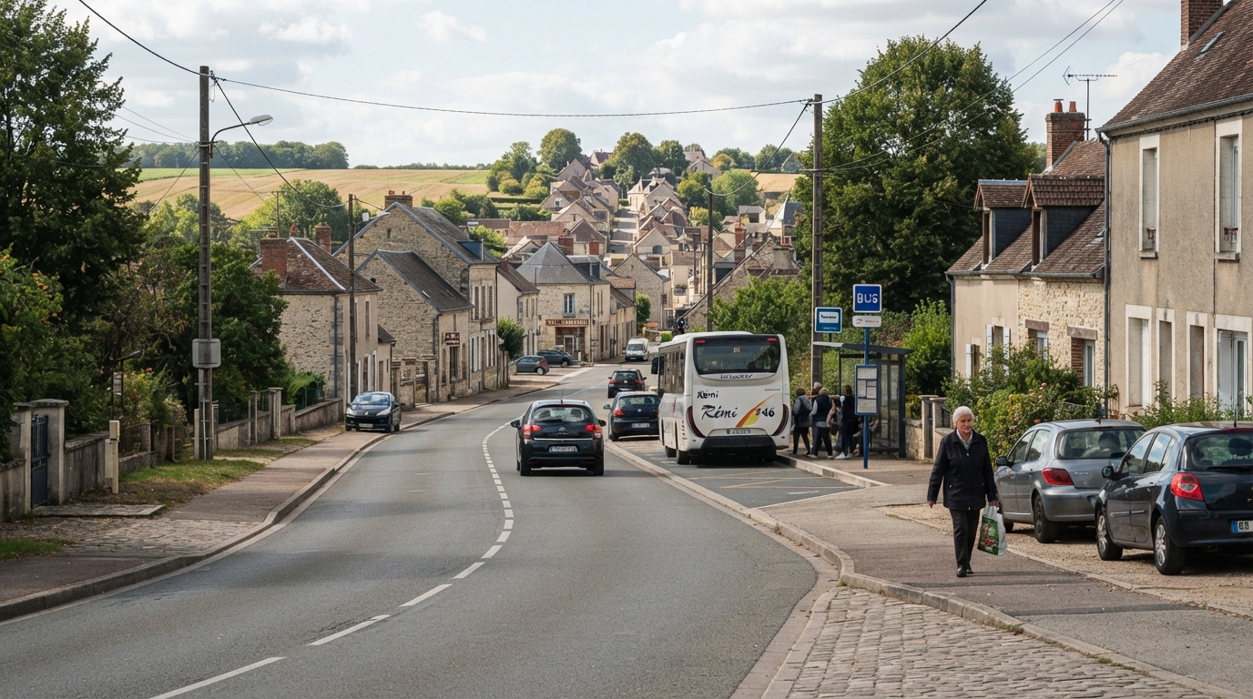 Scène de village avec route, arrêt de car régional, voitures et piéton