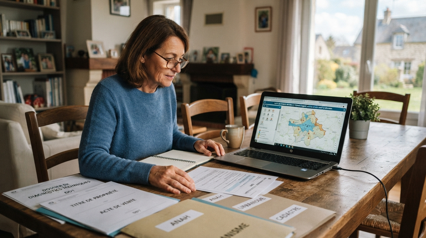 Personne consultant des documents de vente immobilière et une carte des risques sur ordinateur