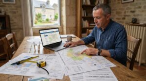 Personne examinant des plans et documents d’urbanisme pour préparer des travaux sur une maison ancienne.