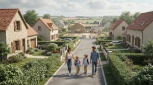 Vue d'un quartier pavillonnaire avec maisons et école, ambiance familiale