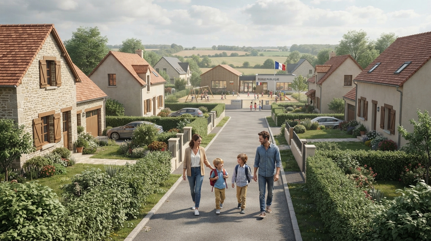 Vue d'un quartier pavillonnaire avec maisons et école, ambiance familiale